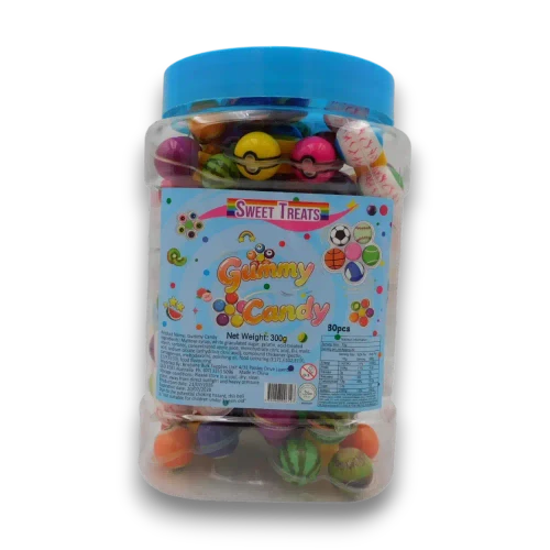 Sweet Treats Gummy Fidget Spinner Bursts 300g tub, front label and blue lid, at The Professors Online Lolly Shop