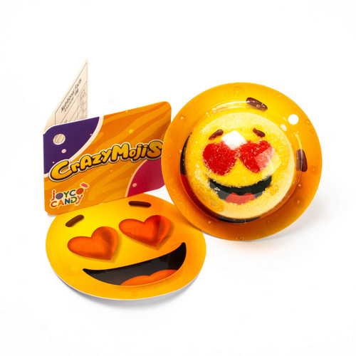 CTC Crazy Mojis, 10g strawberry gummy with heart eyes and a sticker on the back at The Professors Online Lolly Shop.
