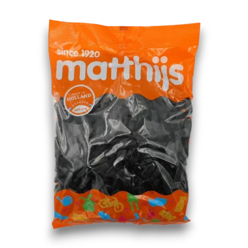 Matthijs Zoute Haringen Salty Licorice Fish 1kg bag, front view showing black fish-shaped lollies, at The Professors