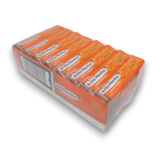 Soothers Butter-Menthol Honey & Lemon Vitamin C 24 x 10 display, left view, at The Professors Online Lolly Shop
