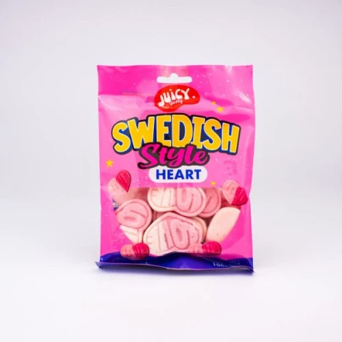 Juicy Jelly Swedish Style Heart 100g strawberry and vanilla sweets, available at The Professors Online Lolly Shop