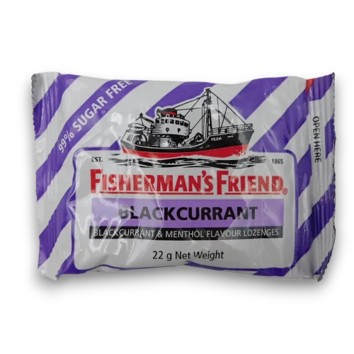 Fisherman's Friend Blackcurrant Menthol 22g bag, purple striped front, available at The Professors Online Lolly Shop