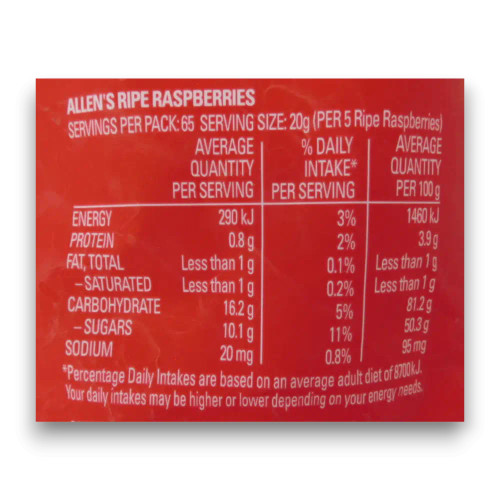 Allens Ripe Raspberries 1.3kg - Nutrition Info - The Professors Online Lolly Shop