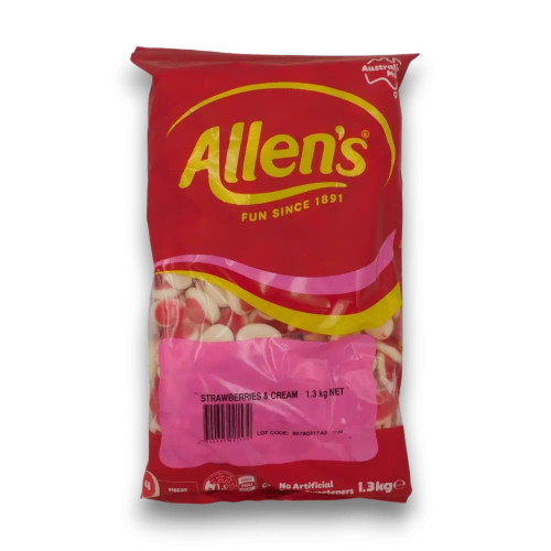 Allens Strawberries and Cream 1.3kg bag with chewy red and white cream lollies, available at The Professors Online Lolly Shop.