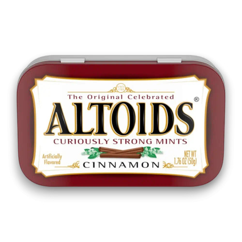 Close-up of Altoids Cinnamon 50g tin, filled with strong cinnamon breath mints, available at The Professors Online Lolly Shop.