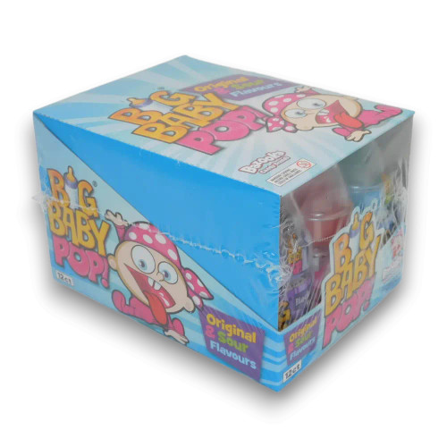 Big Baby Pop 12 x 30g display unit with baby bottle-shaped candy in sherbet and sour flavours, available at The Professors