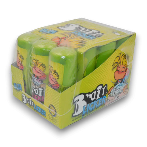 Brain Licker sour candy in blue raspberry flavour, individually wrapped in a 12pc display, ideal for Halloween