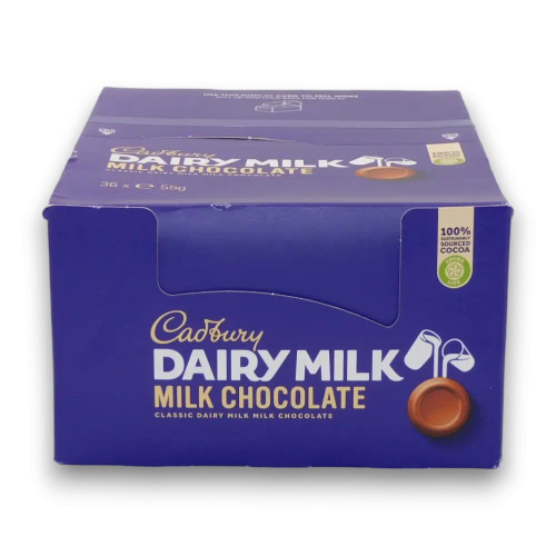 Cadbury Dairy Milk Rolls box with 36 x 55g individually wrapped milk chocolate rolls, perfect for bulk orders.