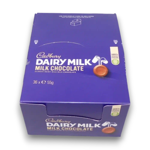 Cadbury Dairy Milk Rolls box with 36 x 55g individually wrapped milk chocolate rolls, perfect for bulk orders.