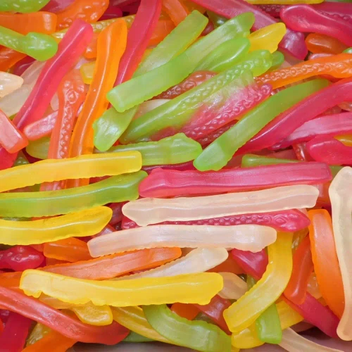 Close-up of Cadbury Fresha Snakes – assorted colourful jelly snakes in bulk at The Professors Online Lolly Shop