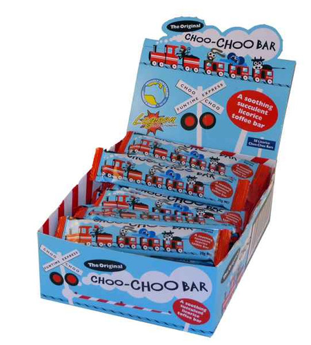 Choo-Choo Bar Licorice display unit 50 pack 20g chewy licorice toffee bars, available at The Professors Online Lolly Shop.