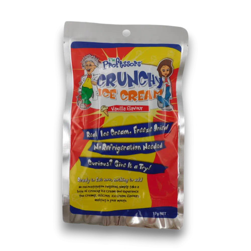 The Professors Crunchy Ice Cream Vanilla 17g bag showing freeze dried ice cream snack, available at The Professors.