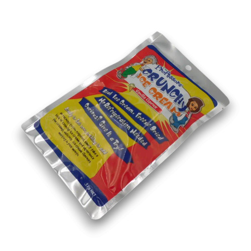 Crunchy Ice Cream Vanilla 17g bag highlighting packaging design, available at The Professors Online Lolly Shop.
