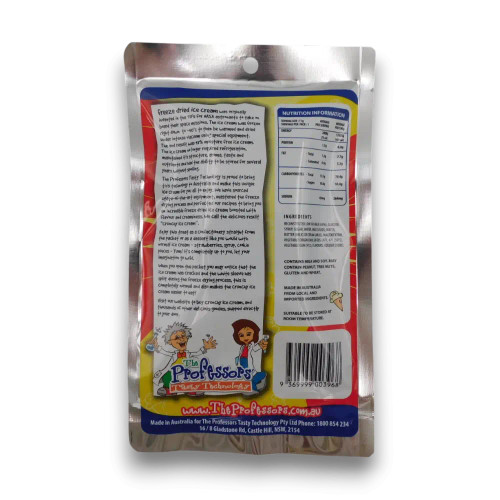 Back view of Crunchy Ice Cream Vanilla 17g bag with product details and ingredients, available at The Professors Online Lolly Shop.