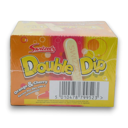 Swizzels Double Dips 36 sachets in a display box, highlighting orange and cherry fizzy flavours for retro lolly lovers