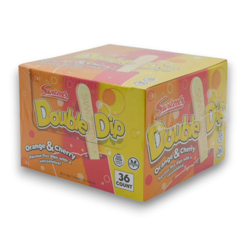 Swizzels Double Dips display box with 36 individually wrapped sherbet sachets in orange and cherry flavours, perfect for retail shops