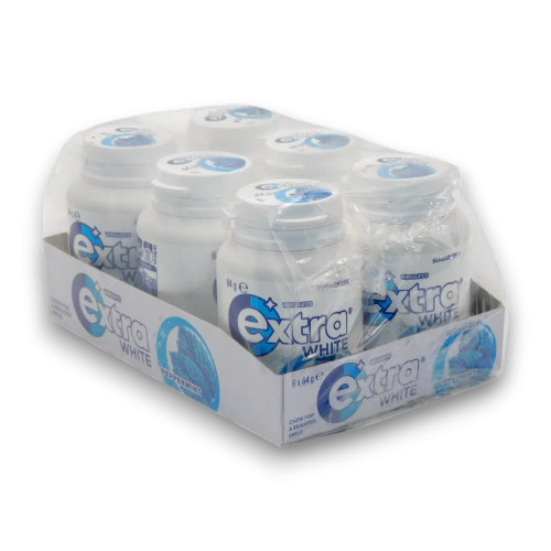 Extra Gum White Peppermint, 6 x 64g bottles in a display unit, perfect for shops or personal use.