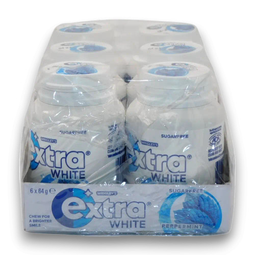 Extra Gum White Peppermint display unit, showcasing six 64g resealable bottles for freshness and convenience.