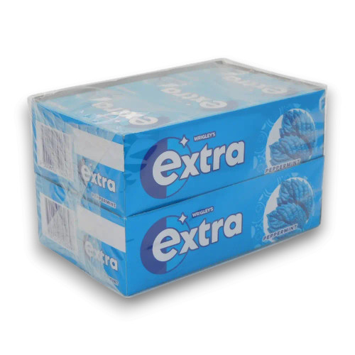 Extra Peppermint Gum packets, highlighting the bold mint flavour, available at The Professors Online Lolly Shop.
