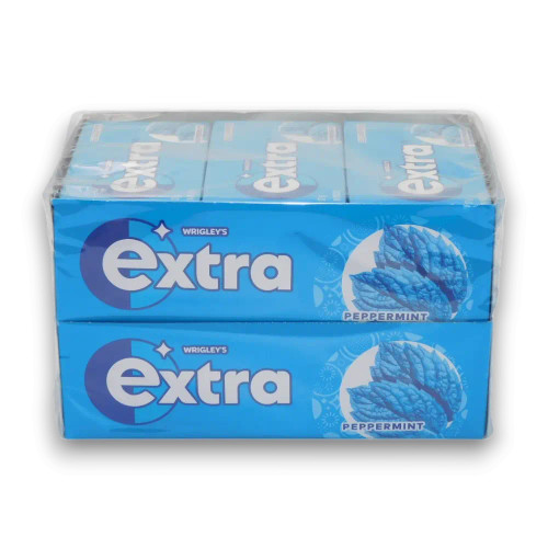 Extra Peppermint Flavour Gum display box, showcasing individually wrapped packs of 14 sugar-free gum strips.
