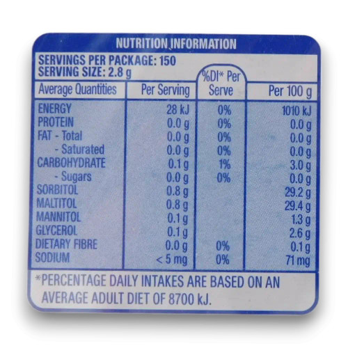 Nutritional information label for Extra White Peppermint Gum, featuring 30 packs of 10 sugar-free pellets in a display unit.