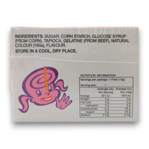 Nutritional information for Fads Fun Sticks (48 x 15g pack), detailing ingredients, available at The Professors Online Lolly Shop