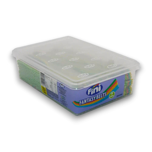 Fini Fantasy Belts display container, showcasing rainbow belts with sugar-dusted sweetness.