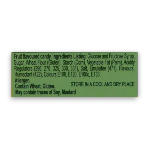Ingredients list of Fini Melon / Watermelon Belts, displayed on the packaging for 150 sour belts.