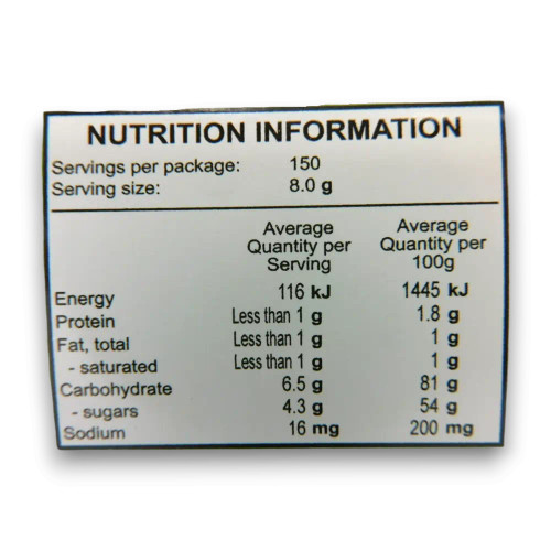Nutritional information for Fini Melon / Watermelon Belts, displayed on the packaging for 150 sour belts.