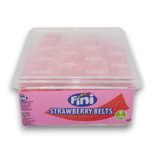 Fini Strawberry Belts container, showcasing the vibrant packaging and sweet-sour appeal.