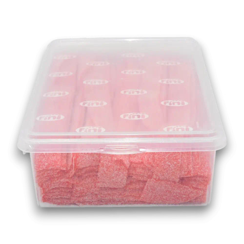Fini Strawberry Belts, showcasing the tangy, sugar-dusted belts in a neatly packed container.
