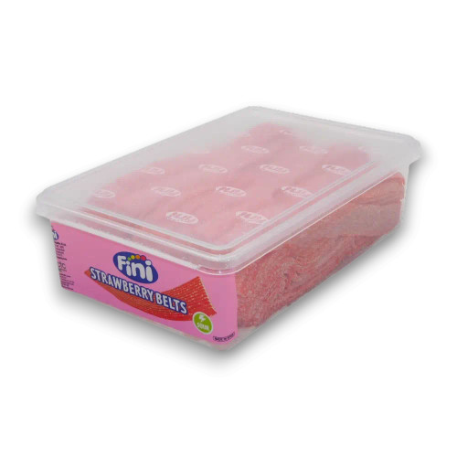 Fini Strawberry Belts in a display container, ideal for parties, candy tables, or retail displays.