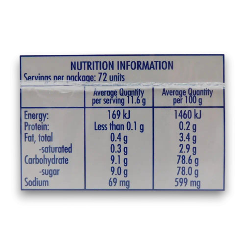 Nutritional information of Beacon Fizzers Grape 72pc display unit, available at The Professors Online Lolly Shop