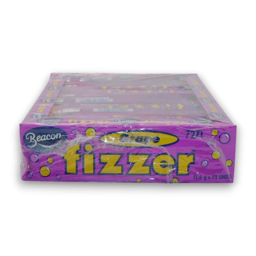 Beacon Fizzers Grape individually wrapped sherbet chew bars in a vibrant purple display unit, perfect for parties or shops