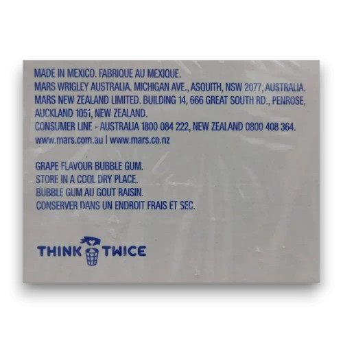 Nutritional information of Hubba Bubba Bubble Tape Grape in a 12-roll display unit.