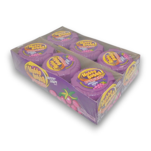 Hubba Bubba Bubble Tape Grape 180cm roll in a resealable container, available at The Professors Online Lolly Shop.