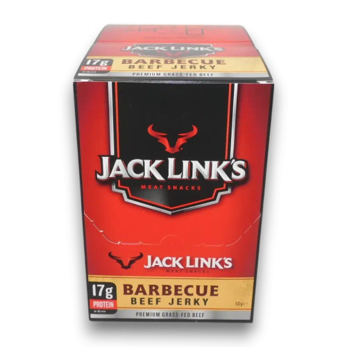 Jack Link's Beef Jerky BBQ 50g individual packs in a retail-ready display unit, available at The Professors Online Lolly Shop.