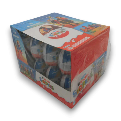 Kinder Surprise 24 x 20g bulk display box angled side view showing chocolate eggs inside, available at The Professors Online Lolly Shop.