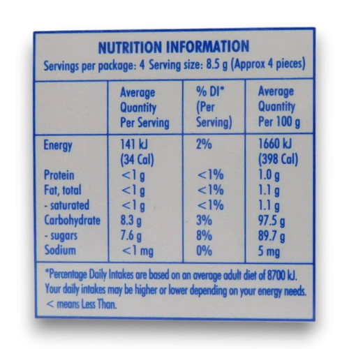 Nutritional information of Life Savers Musk 24-roll display box, available at The Professors Online Lolly Shop