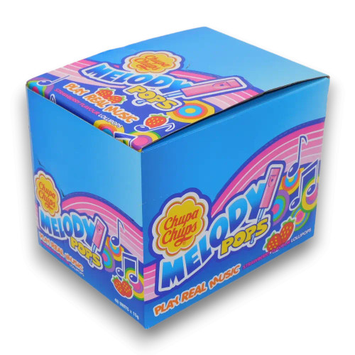 Chupa Chups Melody Pops 48-pack display, strawberry lollipops, available at The Professors Online Lolly Shop