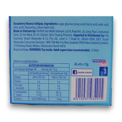 Chupa Chups Melody Pops 48-pack display nutritional and ingredient details, available at The Professors Online Lolly Shop