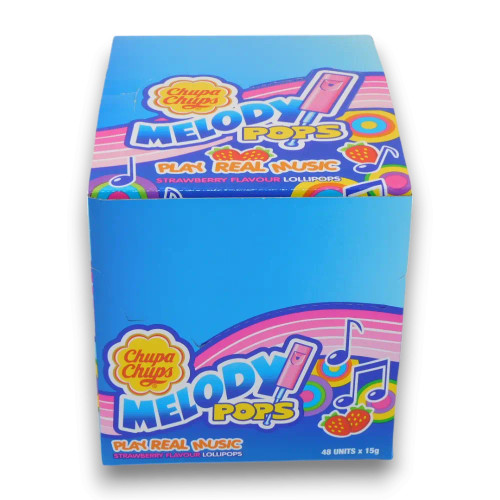 Chupa Chups Melody Pops 48-pack display featuring playful and musical lollipop design, available at The Professors Online Lolly Shop