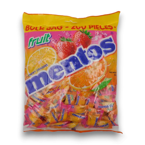 Mentos Pillowpack Fruit 540g bag featuring individually wrapped candy dragees, available at The Professors Online Lolly Shop.