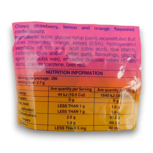 Mentos Pillowpack Fruit 540g bag showcasing nutrition facts and ingredients, available at The Professors Online Lolly Shop.