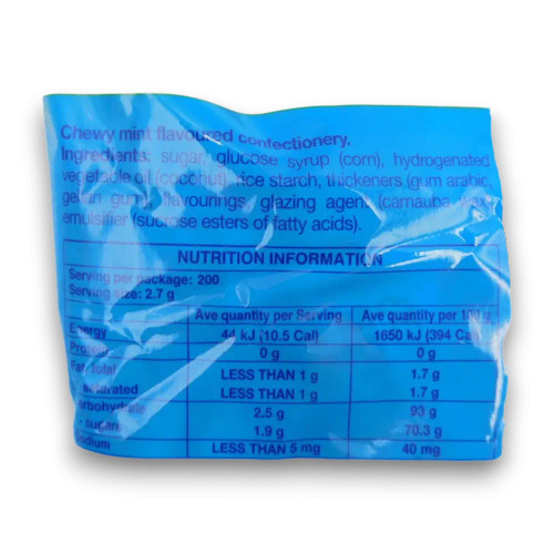 Mentos Pillowpack - Mint nutritional information, highlighting key ingredients and values.