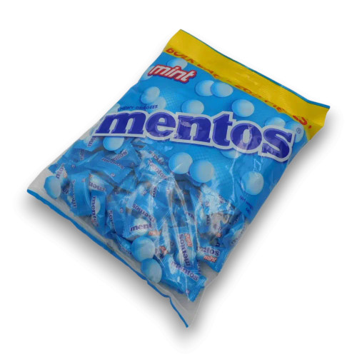 Mentos Pillowpack - Mint 540g bulk bag, displaying bright blue packaging, available at The Professors Online Lolly Shop.