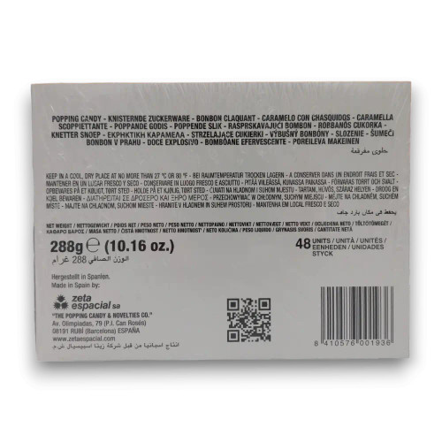 Nutritional information of Pop Rocks Twin Packs – Strawberry + Cola 48-pack display unit.