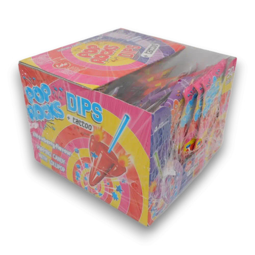 Pop Rocks Dips and Tattoo - 30-piece display unit featuring cola and strawberry flavoured popping candy with lollipop