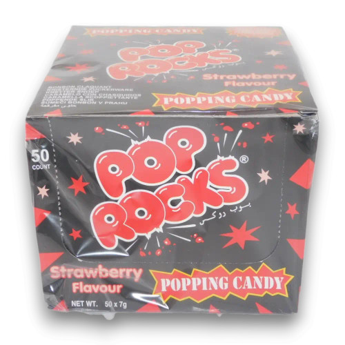 Pop Rocks Strawberry Popping Candy - 50 sachets in a display box featuring strawberry flavour, available at The Professors