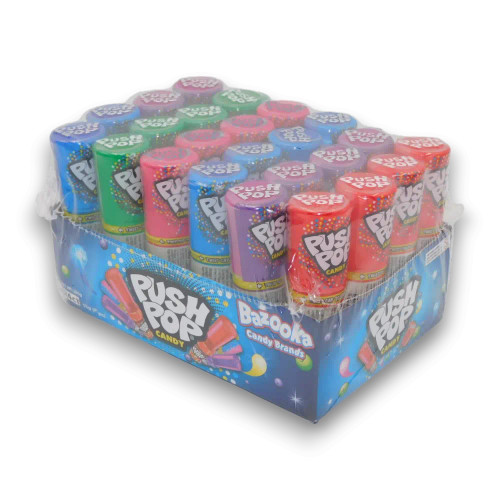 Push Pops 24pc display with assorted flavours like grape, strawberry, and watermelon, available at The Professors Online Lolly Shop